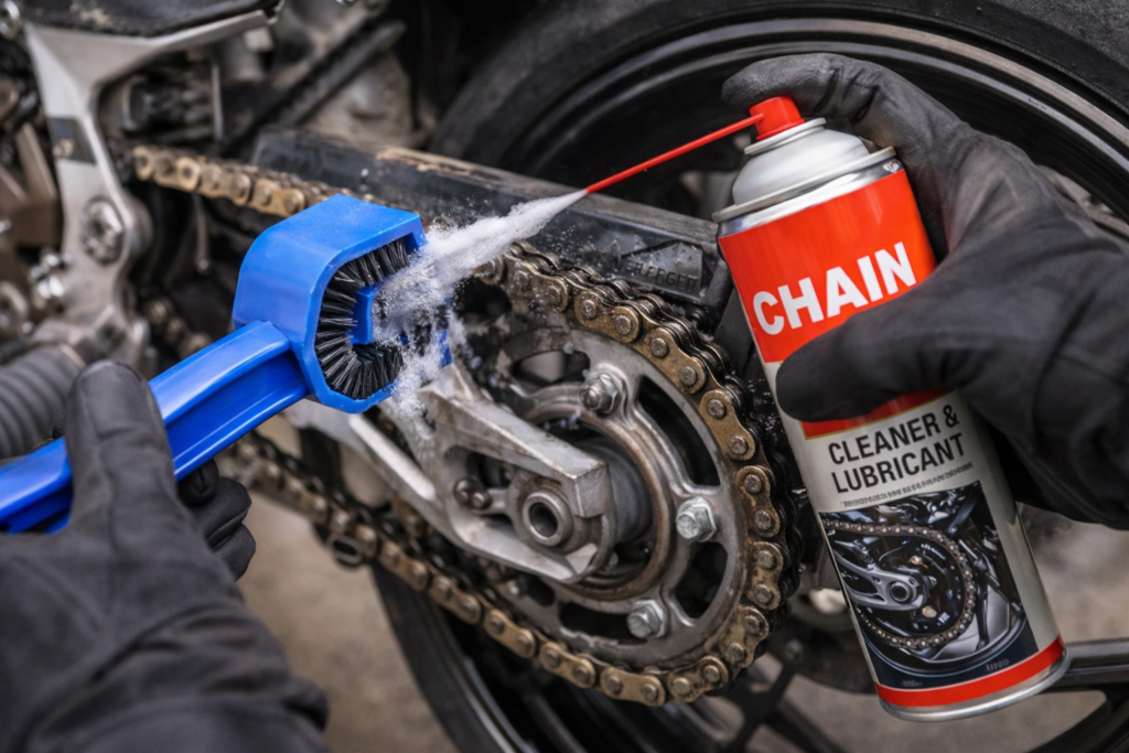 bike chain cleaning and lubrication process for Indian motorcycles