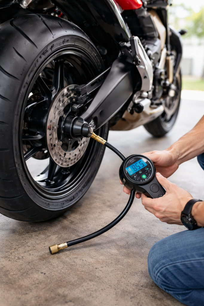 Checking motorcycle tyre pressure at home using a digital air gauge
